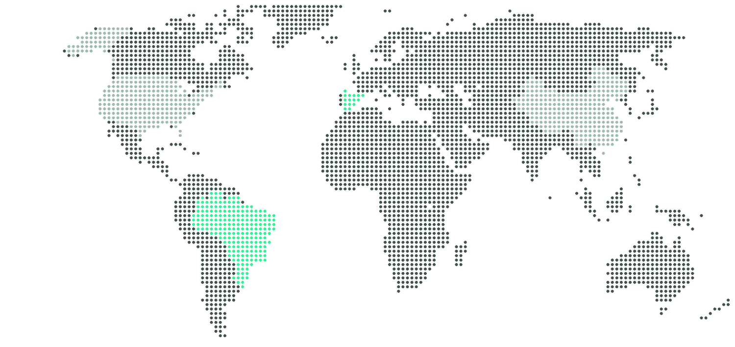 Mapa com os escritórios da ORBIZ em São Paulo e Madrid e parcerias nos Estados Unidos e na China